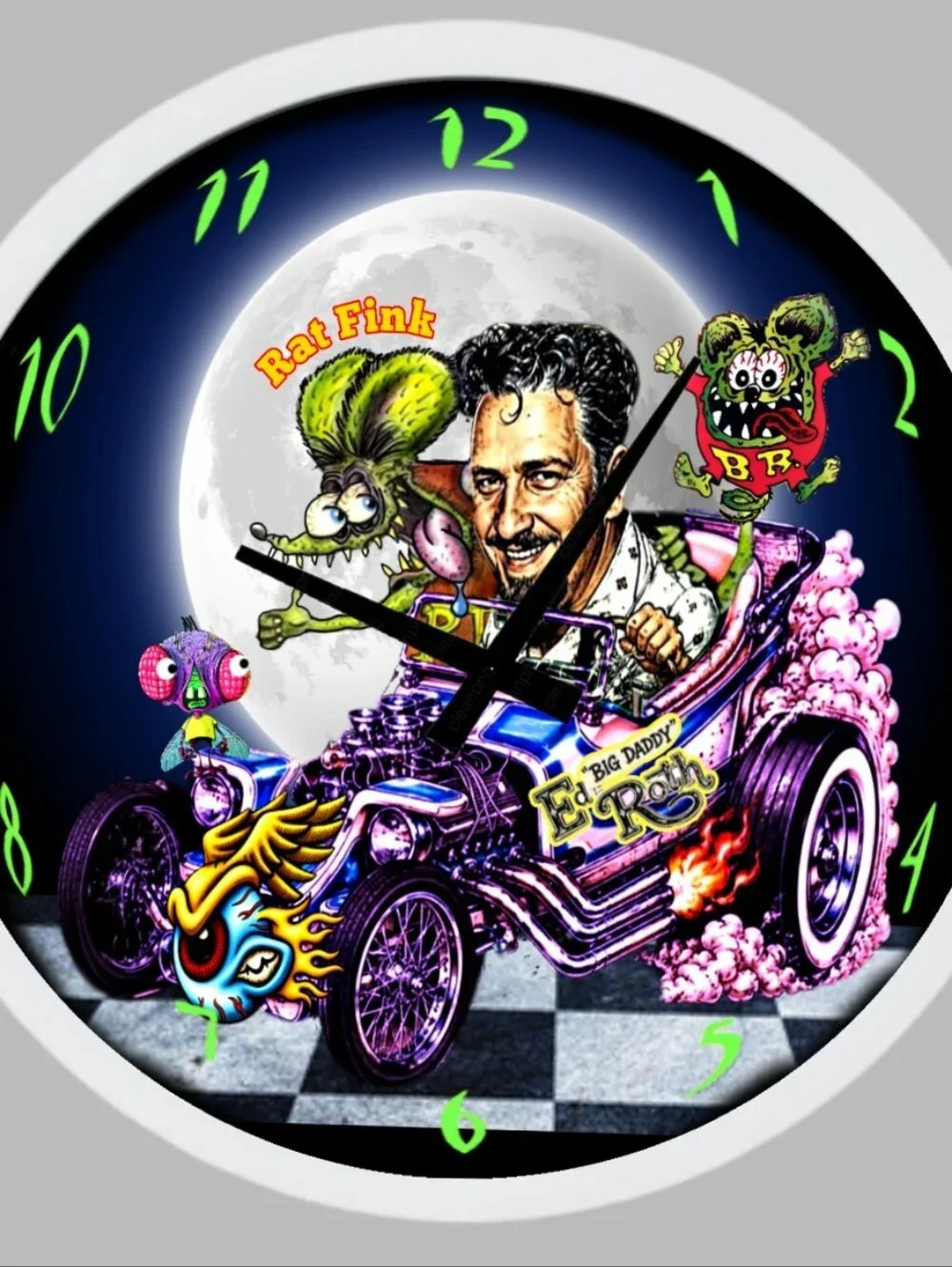 Neon Purple Rat Fink Hot-Rod Wall Clock - Colorful Art Clock